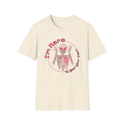 Charming Skeleton Love T-Shirt: "I'm Here To Steal Your Heart" Valentine's Day Graphic Tee – Unique Romantic Gift