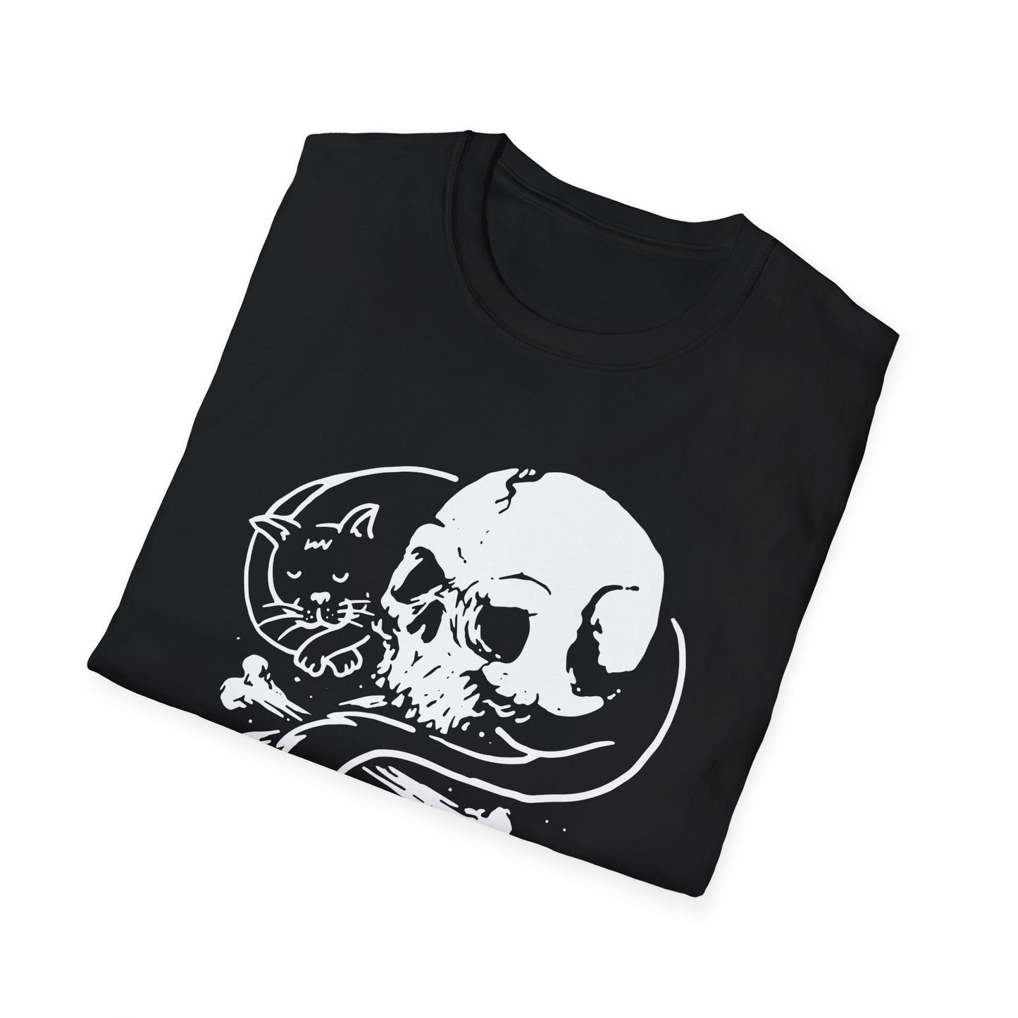 Striking Gothic Cat & Skull T-Shirt | Unique Black & White Abstract Art Tee for Edgy Souls & Dark Nature Lovers