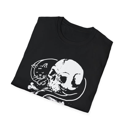 Striking Gothic Cat & Skull T-Shirt | Unique Black & White Abstract Art Tee for Edgy Souls & Dark Nature Lovers