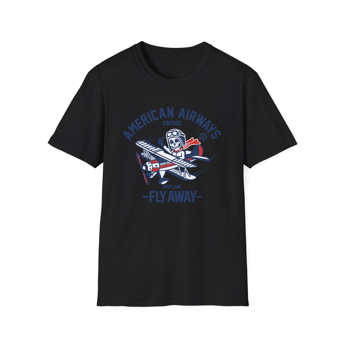 Vintage Skeleton Pilot Biplane T-Shirt - American Airways Fly Away Retro Aviation & Thrilling Thumbs Up Tee