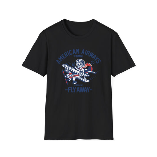 Vintage Skeleton Pilot Biplane T-Shirt - American Airways Fly Away Retro Aviation & Thrilling Thumbs Up Tee