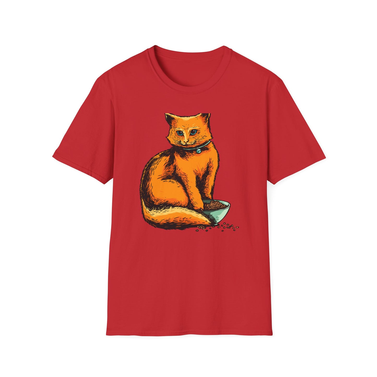 Vibrant Orange Cat & Food Bowl T-Shirt | Adorable Blue-Eyed Feline Lover Tee | Unique Pet Owner Gift Idea