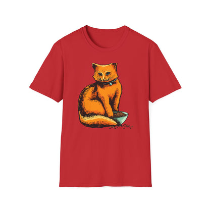 Vibrant Orange Cat & Food Bowl T-Shirt | Adorable Blue-Eyed Feline Lover Tee | Unique Pet Owner Gift Idea