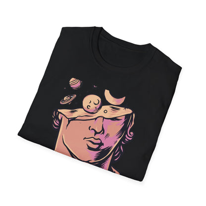 Explore Your Mind's Universe: Celestial Greek Bust T-Shirt | Artistic Cosmic Thoughts Graphic Tee | Unique Planet & Moon Design for Thinkers