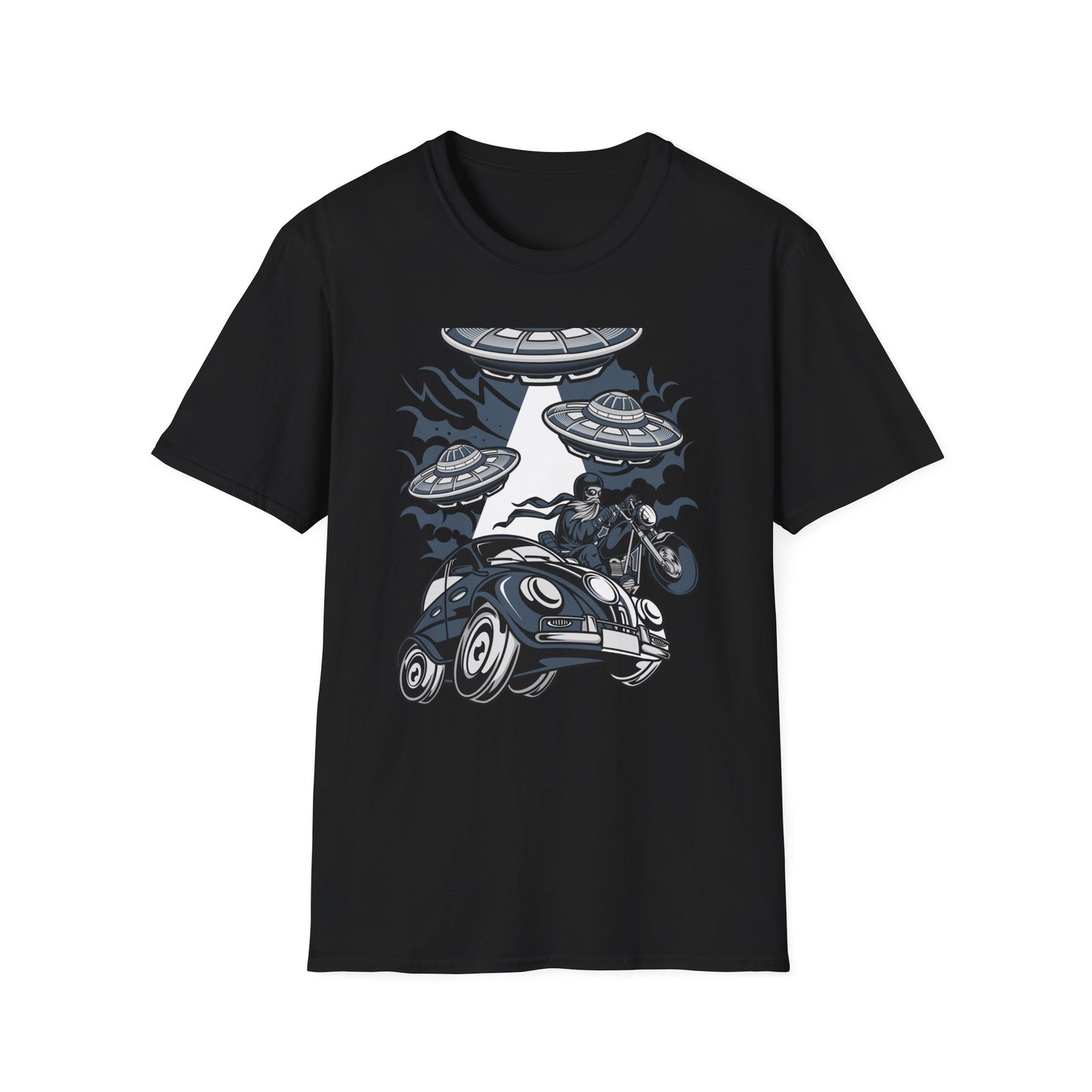 Epic Alien Invasion Biker VW Beetle T-Shirt | Unique Sci-Fi Chopper Car Lover Gift Tee
