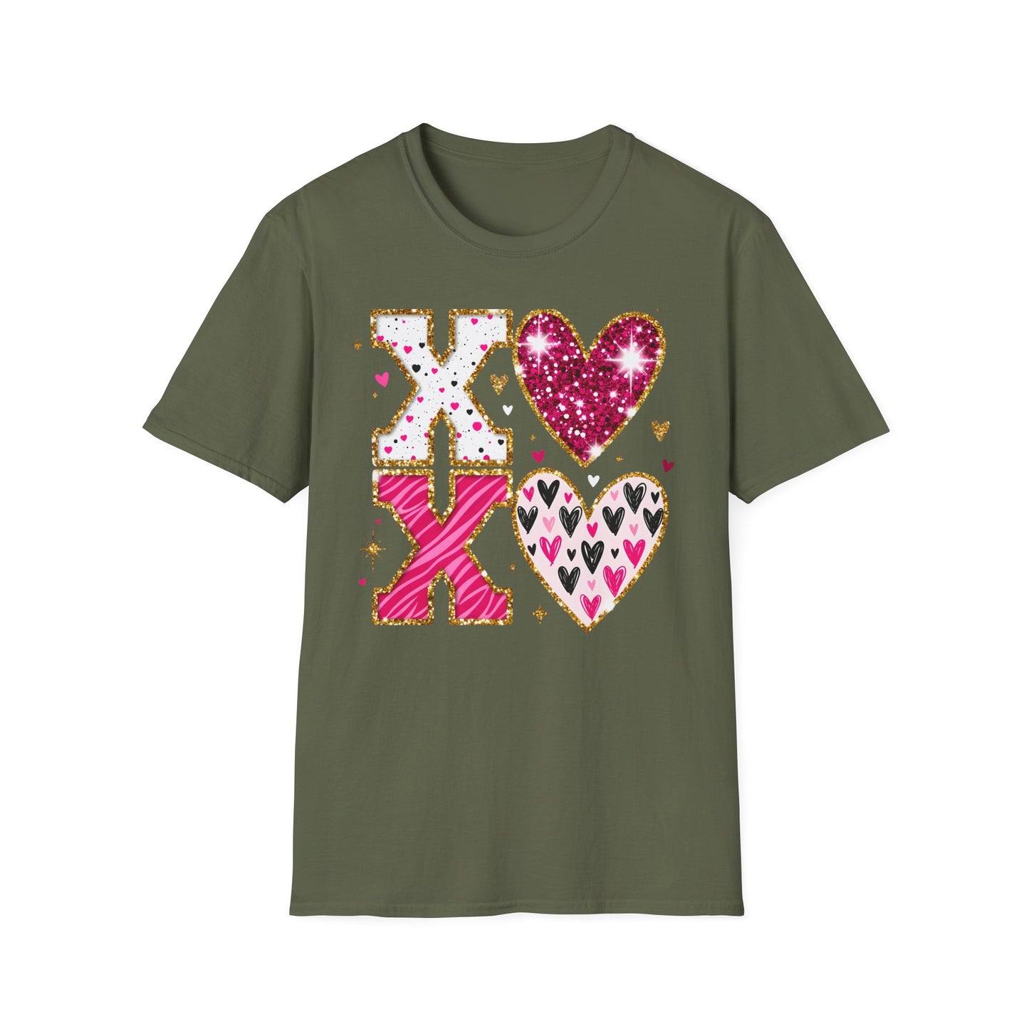 Sparkly XO Hearts T-Shirt | Adorable Pink Glitter Valentine's Day & Love Tee for Her | Hugs Kisses Style