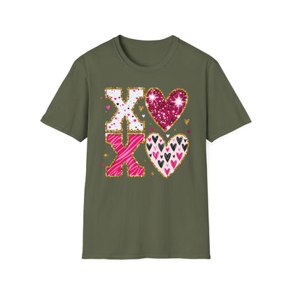 Sparkly XO Hearts T-Shirt | Adorable Pink Glitter Valentine's Day & Love Tee for Her | Hugs Kisses Style