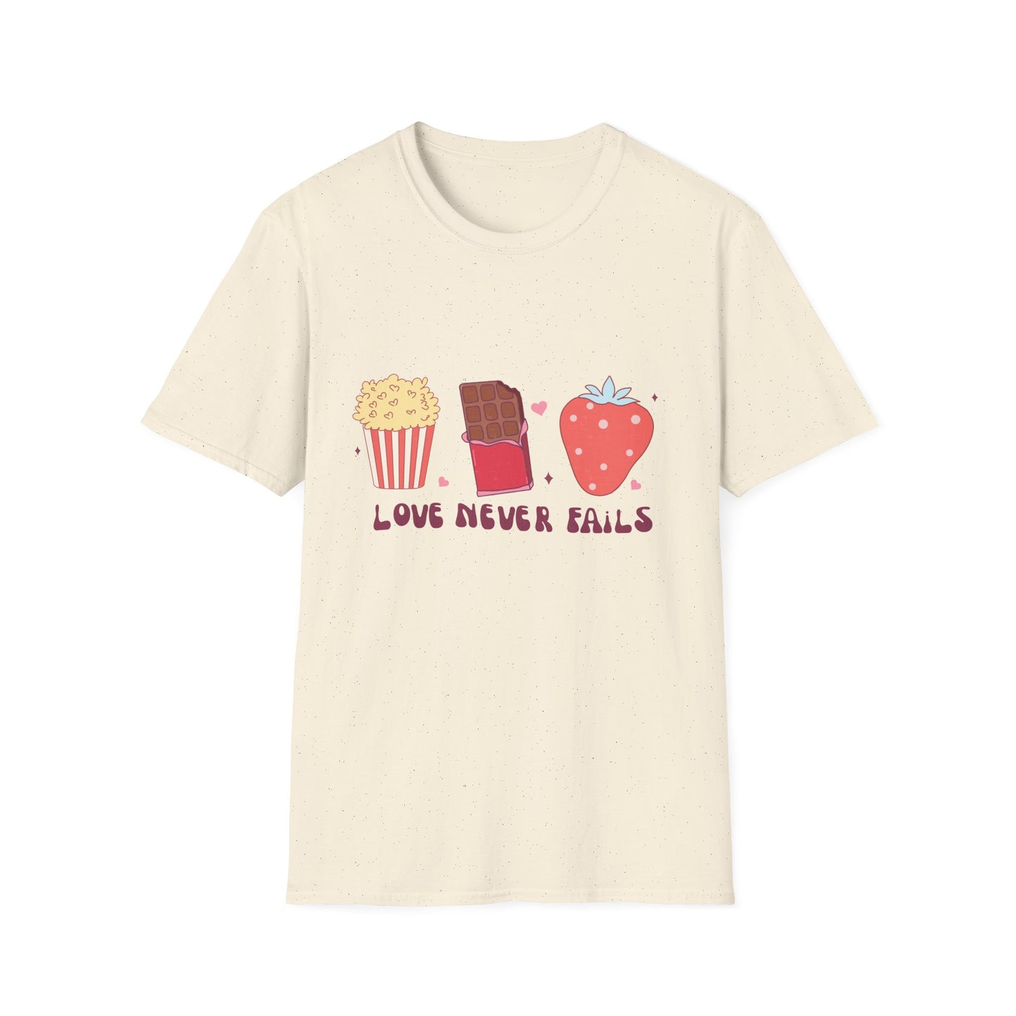 Delicious Retro Love Never Fails T-Shirt - Popcorn, Chocolate, Strawberry Snack Tee for Foodies & Romantics