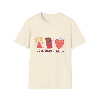 Delicious Retro Love Never Fails T-Shirt - Popcorn, Chocolate, Strawberry Snack Tee for Foodies & Romantics