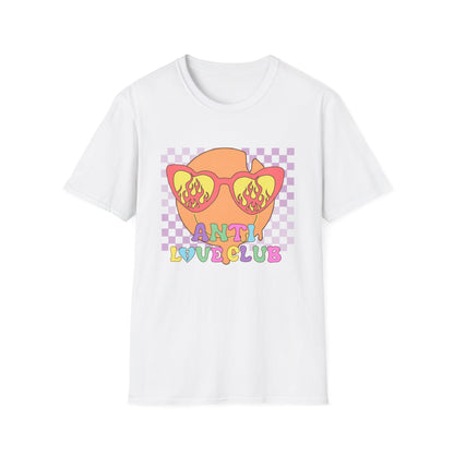 Anti Love Club T-Shirt | Edgy Retro Smiley Face & Flaming Heart Sunglasses | Trendy Grunge Y2K Aesthetic Tee