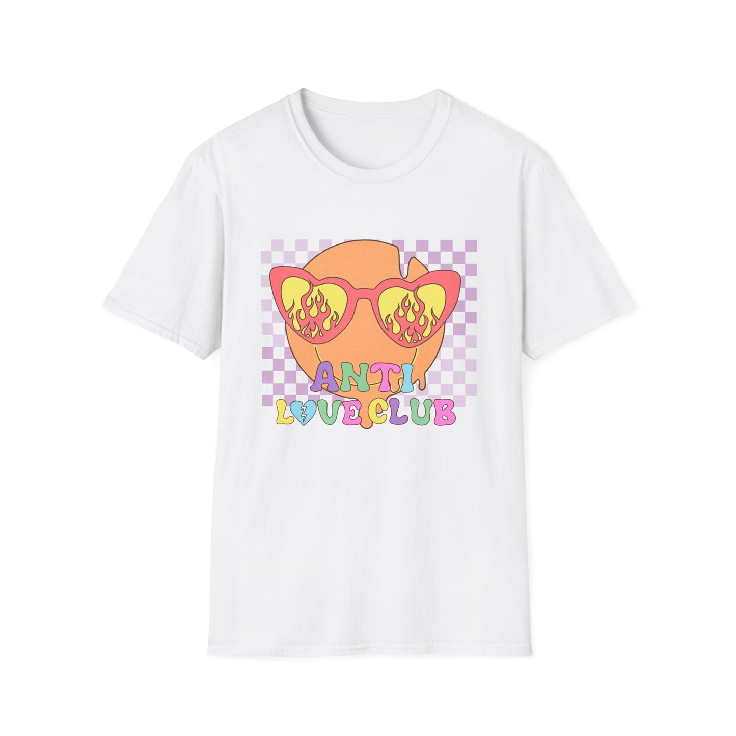 Unapologetic Anti Love Club T-Shirt | Edgy Broken Heart & Flame Sunglasses Tee | Retro Y2K Groovy Apparel