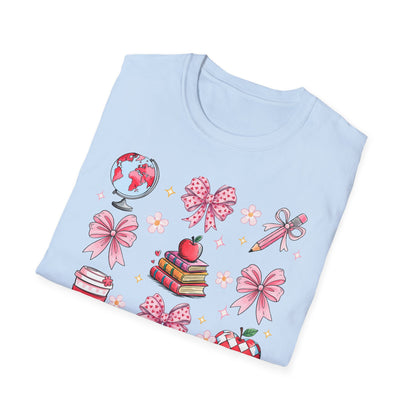 Awesome Teacher Appreciation T-Shirt | 'Teaching Is A Work of Heart' Tee | Cute School Supplies & Pink Bows Gift