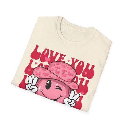 Super Cute Groovy Smiley Face T-Shirt - Pink Hearts Cowboy Hat & Peace Sign - Awesome 'Love You' Tee for Valentine's Day