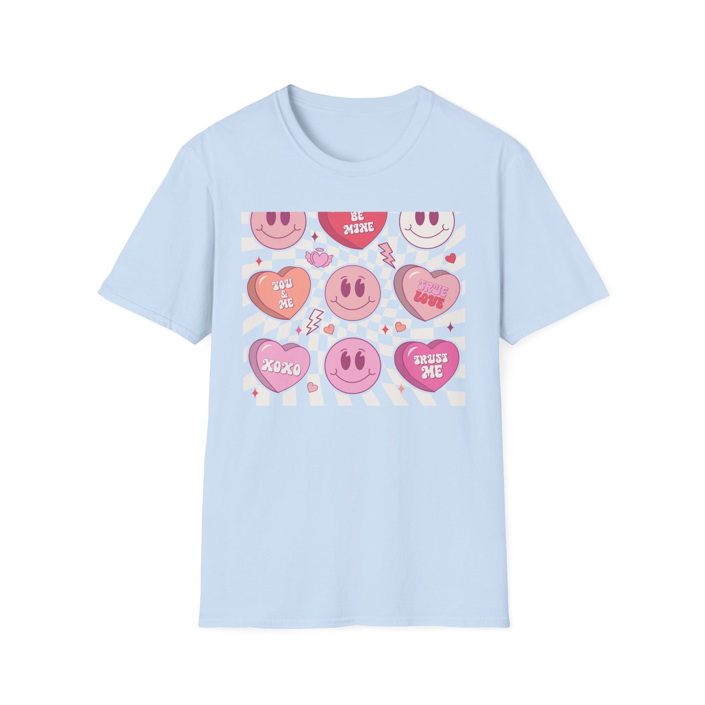 Groovy Retro Valentine's T-Shirt | Adorable Conversation Heart & Smiley Face Design | Trendy Love Core Aesthetic Tee