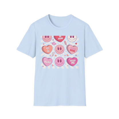 Groovy Retro Valentine's T-Shirt | Adorable Conversation Heart & Smiley Face Design | Trendy Love Core Aesthetic Tee
