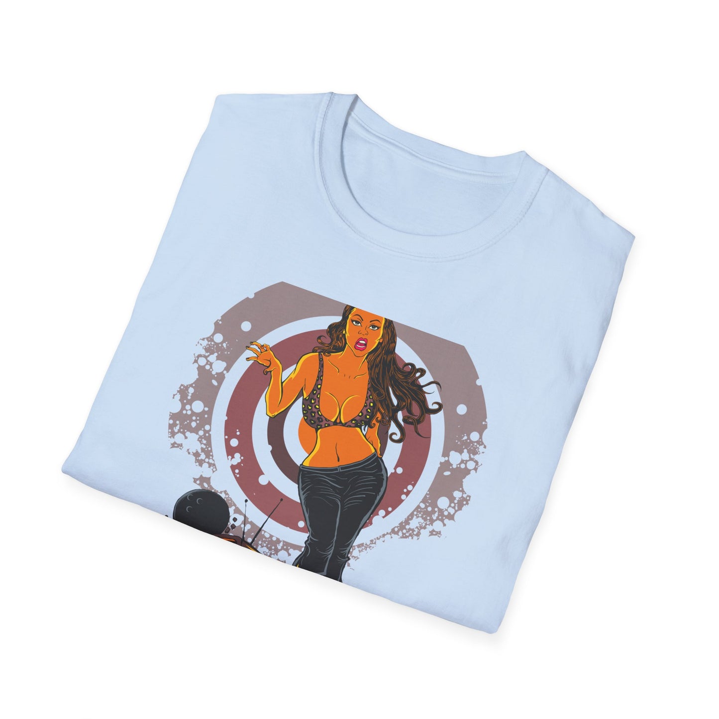 Edgy Retro Pin-Up Girl & Cracked TV Bowling T-Shirt | Bold Pop Art Vibe Women's Tee | Unique Vintage Statement Gift