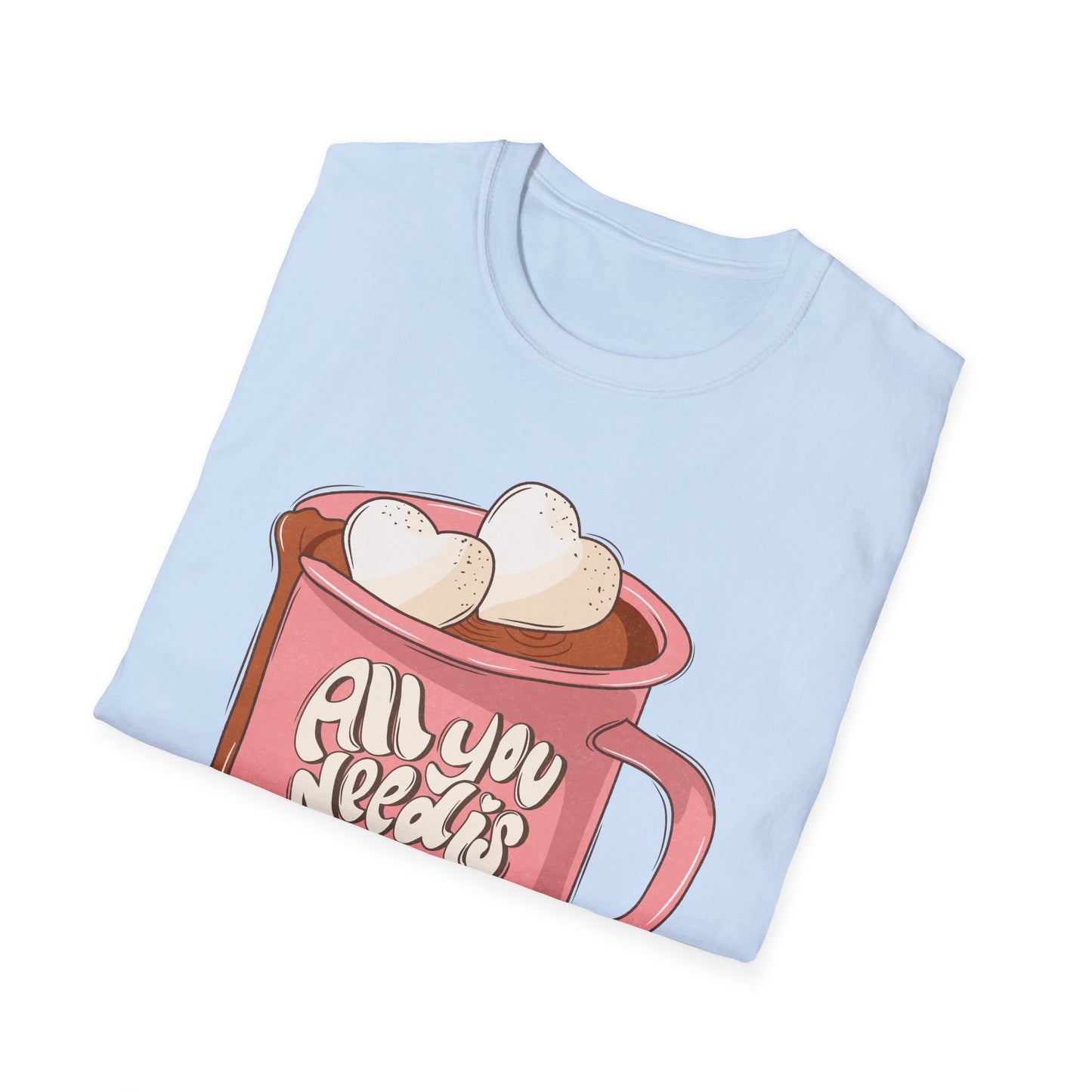 Sweet "All You Need Is Love" T-Shirt | Retro Hot Chocolate Mug with Heart Marshmallows | Adorable Valentine's Day & Cozy Love Tee