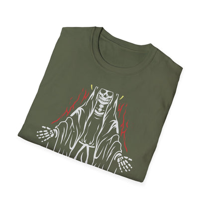 Powerful Skeletal Saint T-Shirt | Mystical Grim Reaper with Halo | Dark Goth Art Tee for Alternative Souls