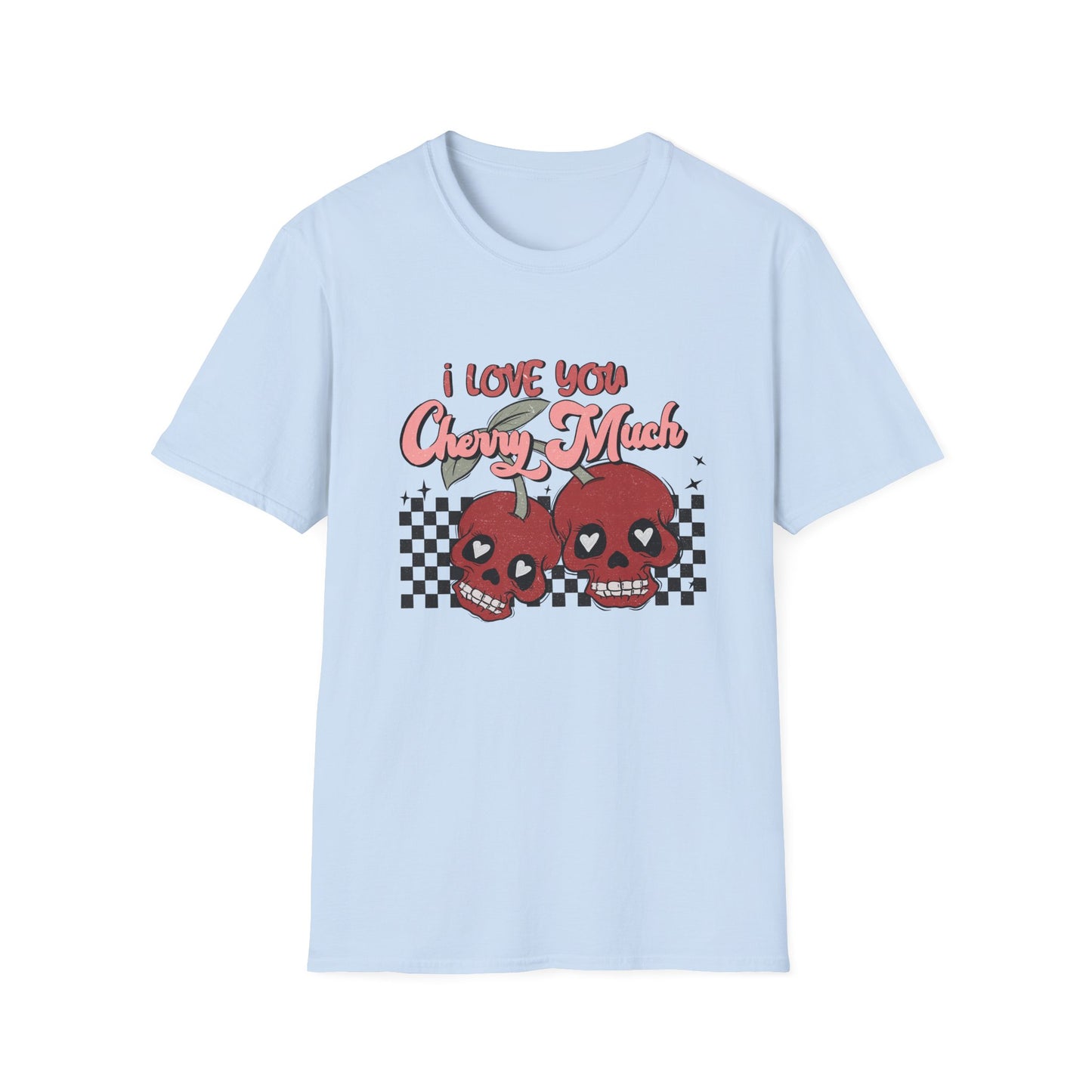 I Love You Cherry Much T-Shirt | Sweet Skull Cherries & Retro Checkerboard Tee | Unique Valentine's Love Pun Top for Couples