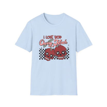 I Love You Cherry Much T-Shirt | Sweet Skull Cherries & Retro Checkerboard Tee | Unique Valentine's Love Pun Top for Couples
