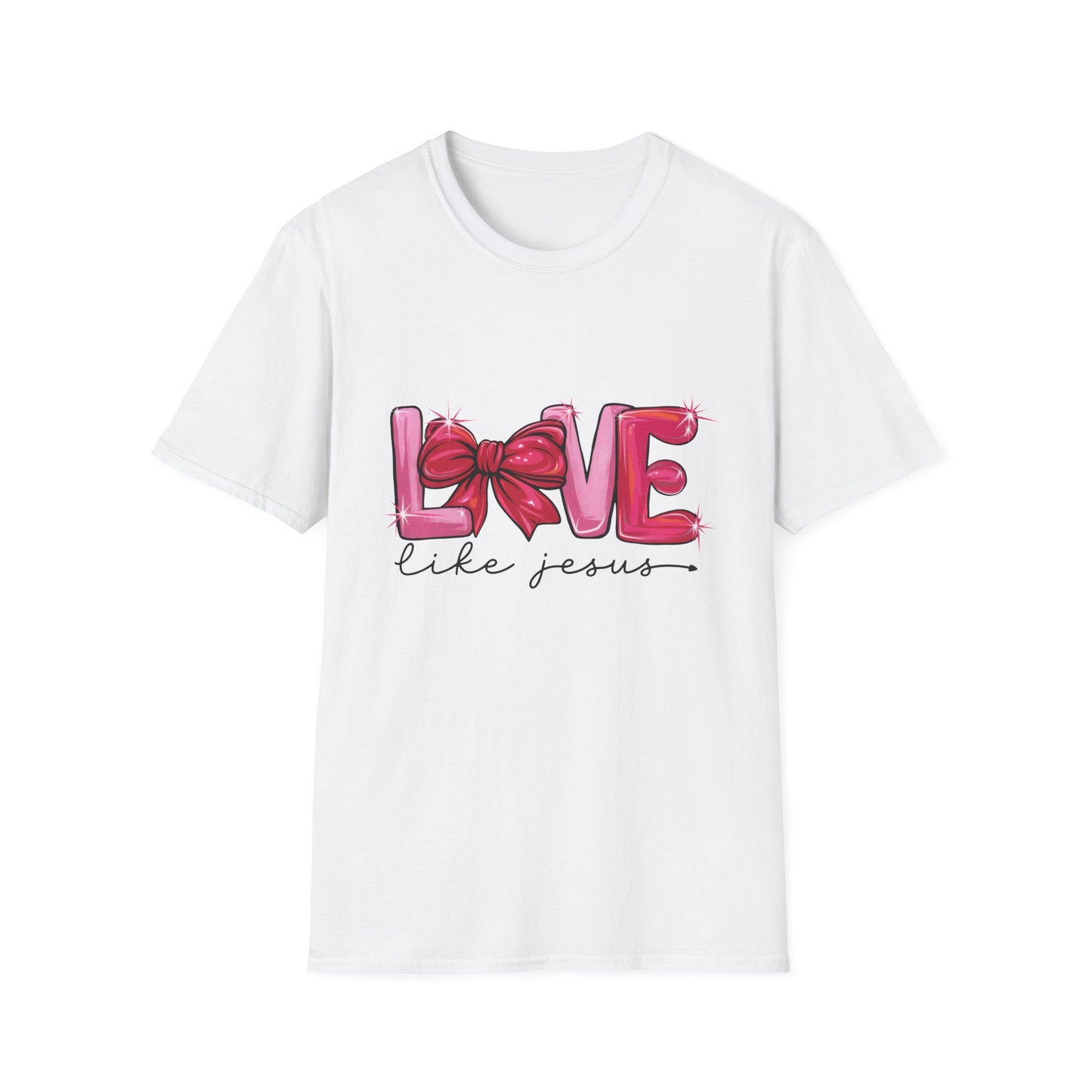 Sparkling LOVE Like Jesus T-Shirt | Vibrant Pink Bow Faith Tee | Women's Christian Inspirational Gift