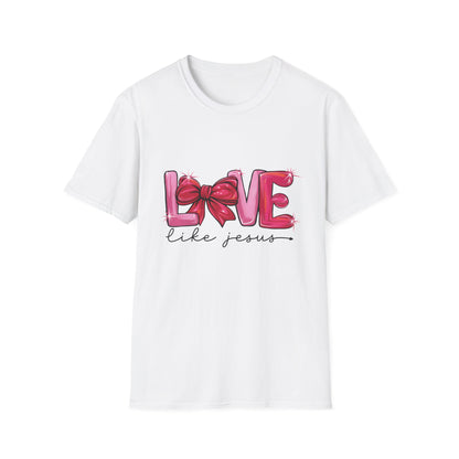 Sparkling LOVE Like Jesus T-Shirt | Vibrant Pink Bow Faith Tee | Women's Christian Inspirational Gift