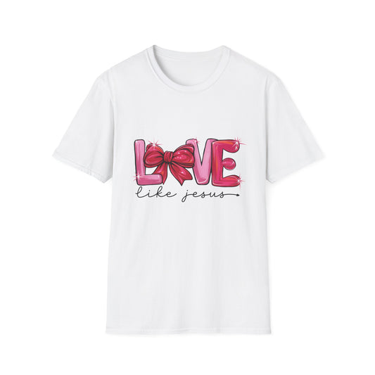 Sparkling LOVE Like Jesus T-Shirt | Vibrant Pink Bow Faith Tee | Women's Christian Inspirational Gift