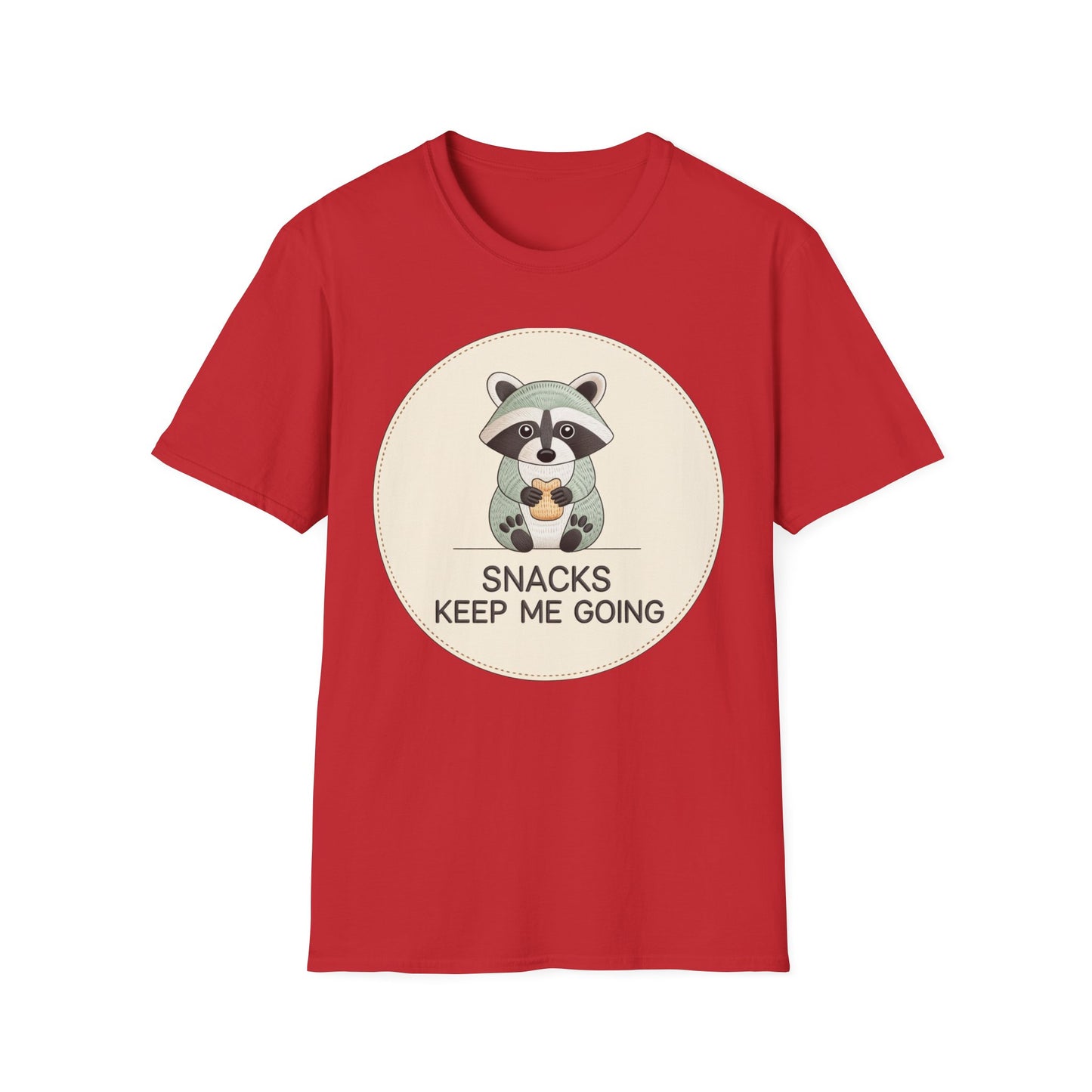 Snacks Keep Me Going Raccoon T-Shirt - Cute Funny Foodie Animal Tee for Snack Lovers & Lazy Day Comfort | Must-Have Gift
