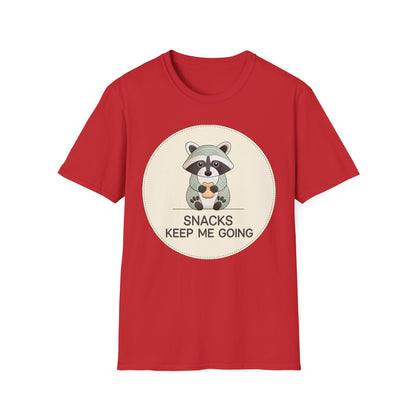 Snacks Keep Me Going Raccoon T-Shirt - Cute Funny Foodie Animal Tee for Snack Lovers & Lazy Day Comfort | Must-Have Gift