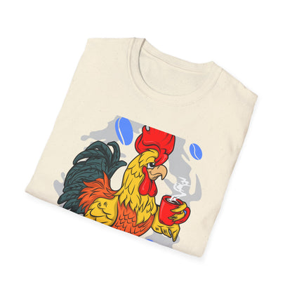 Hilarious Coffee Rooster T-Shirt for Early Birds & Coffee Lovers | Charming Morning Wake-Up Tee with Bunny Slippers | Unique Gift