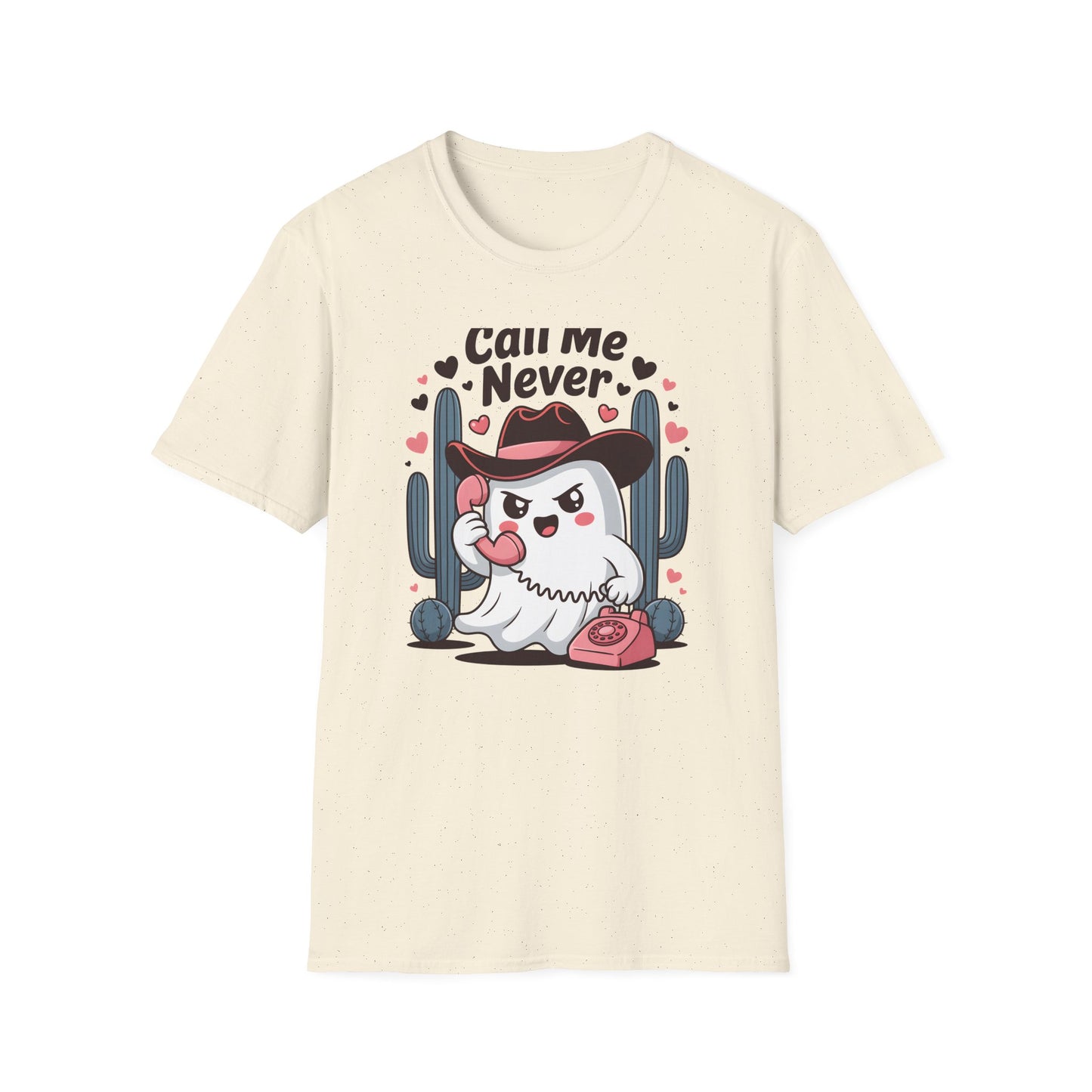 Sassy "Call Me Never" Ghost T-Shirt | Funny Anti-Valentine's Cowboy Ghost Tee | Trendy Western Desert Spooky Cute Apparel
