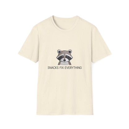 Awesome Raccoon 'Snacks Fix Everything' Embroidered T-Shirt - Funny Foodie Animal Tee for Snack Lovers