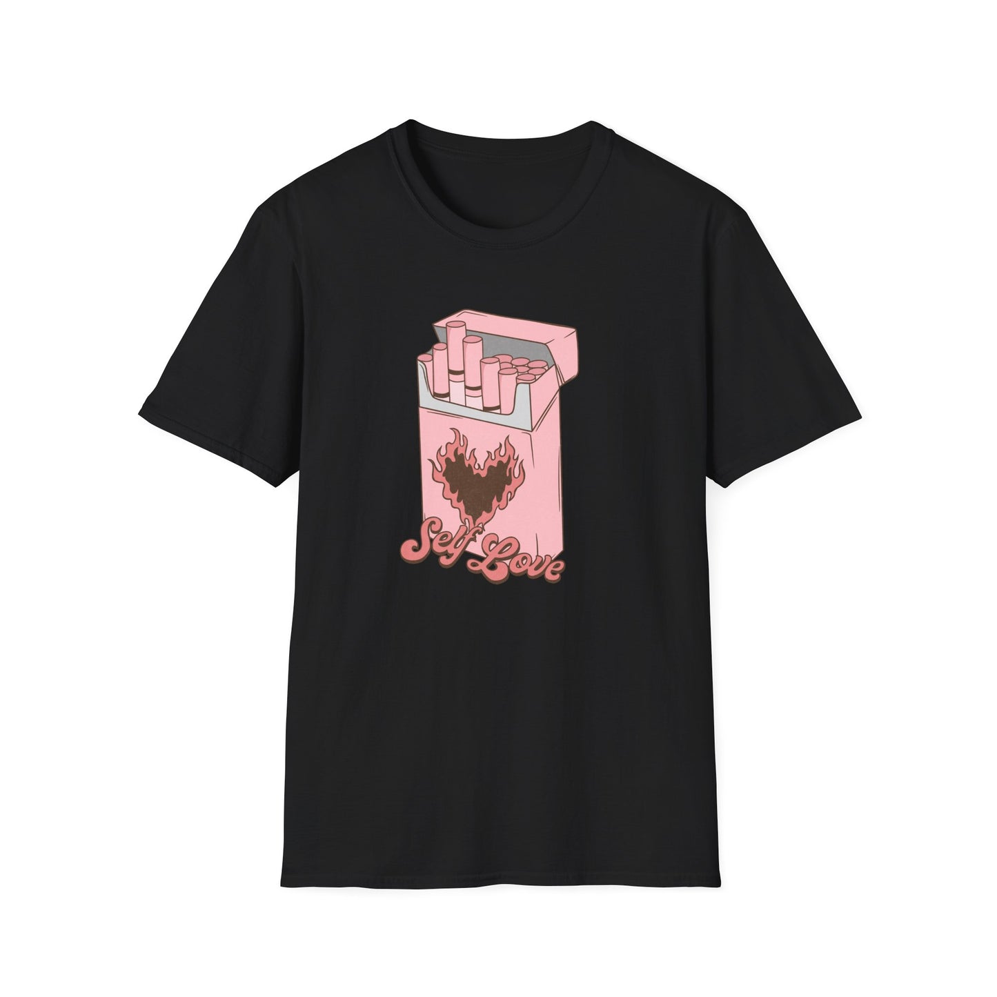 Unique Self Love T-Shirt | Pink Retro Cigarette Pack & Flaming Heart Design | Empowering Aesthetic Tee
