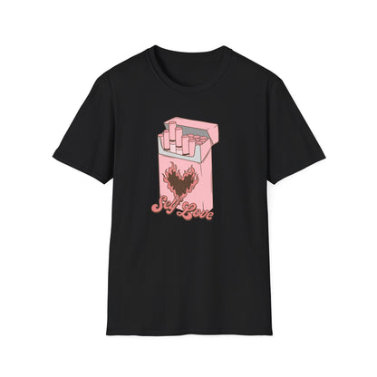 Unique Self Love T-Shirt | Pink Retro Cigarette Pack & Flaming Heart Design | Empowering Aesthetic Tee