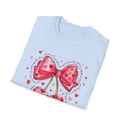 Sweet Cherries & Heart Bow T-Shirt | Adorable Pink Love Design Tee for Women - Perfect Gift