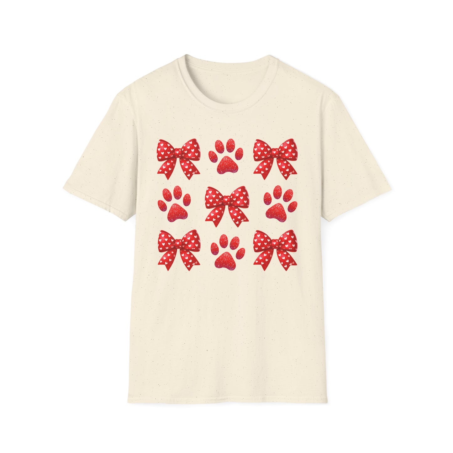 Charming Pet Love T-Shirt: Red Heart Bows & Glitter Paw Prints | Valentine's Day Animal Lover Tee