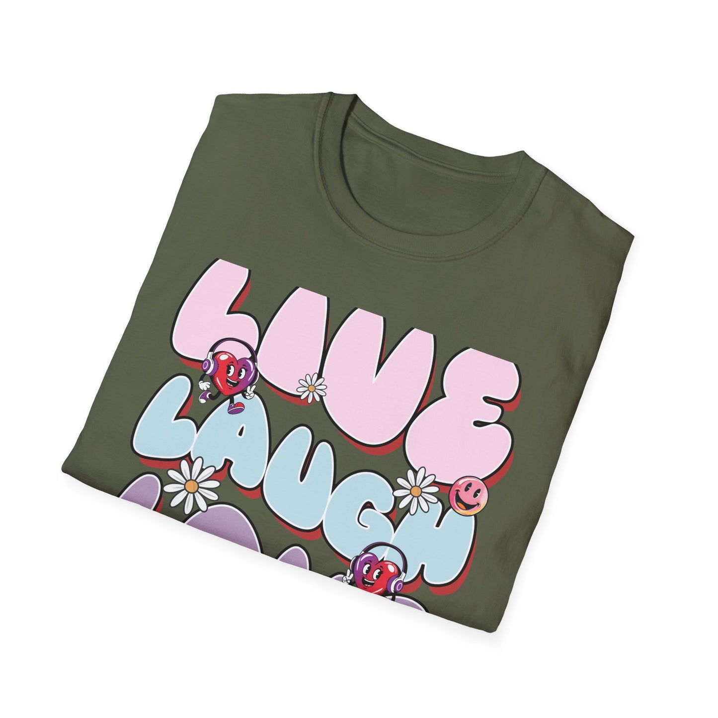 Vibrant Retro Live Laugh Love T-Shirt | Groovy Hearts & Smiley Faces Tee for Positive Vibes