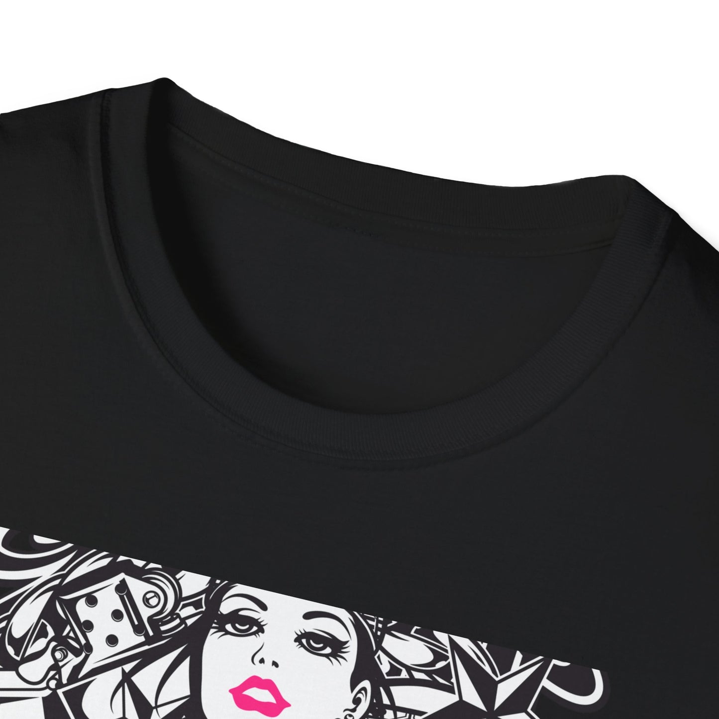 Bold Tattoo Girl & Skull Graphic T-Shirt | Edgy Urban Streetwear | Dice & Star Statement Tee - Unleash Your Rebel Style!