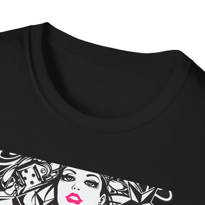 Bold Tattoo Girl & Skull Graphic T-Shirt | Edgy Urban Streetwear | Dice & Star Statement Tee - Unleash Your Rebel Style!