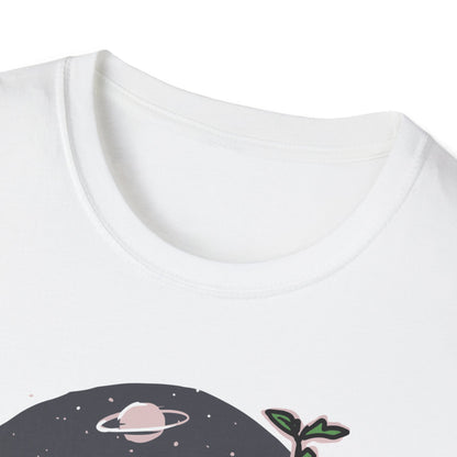 Stunning Cosmic Bloom Astronaut Helmet T-Shirt | Unique Space Plant Growth & Nature Inspired Sci-Fi Art Tee
