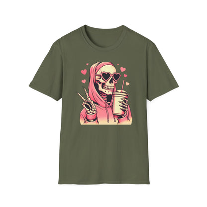 Trendy Pink Skeleton T-Shirt: Chill Vibes, Heart Sunglasses & Peace Sign Tee – Spooky Cute Aesthetic for Women & Teens