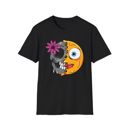 Striking Melting Emoji Skull T-Shirt – Unique Duality Graphic Tee for Edgy, Alternative & Goth Styles