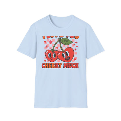 Adorable "I Love You Cherry Much" T-Shirt | Sweet Retro Heart Cherries & Groovy Checkered Love Pun Tee | Perfect Valentine's Day Gift