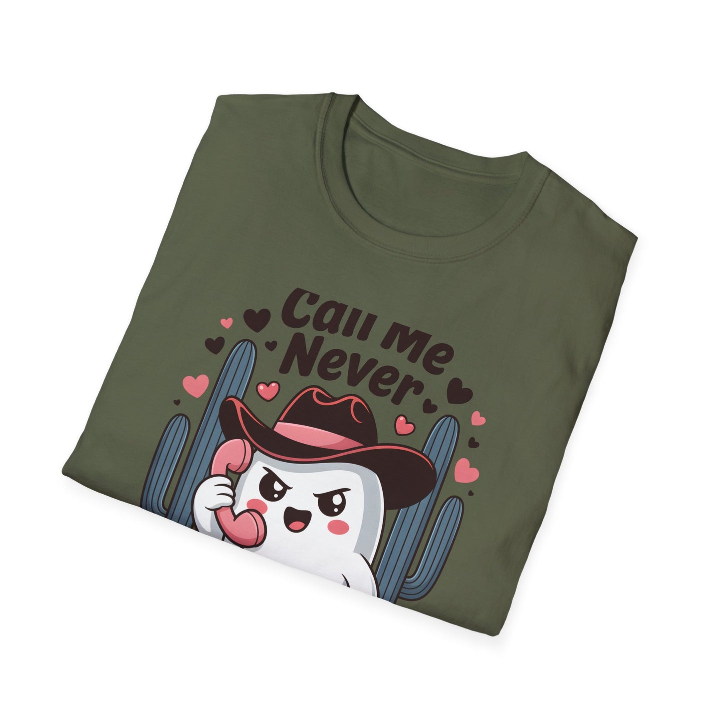 Sassy "Call Me Never" Ghost T-Shirt | Funny Anti-Valentine's Cowboy Ghost Tee | Trendy Western Desert Spooky Cute Apparel