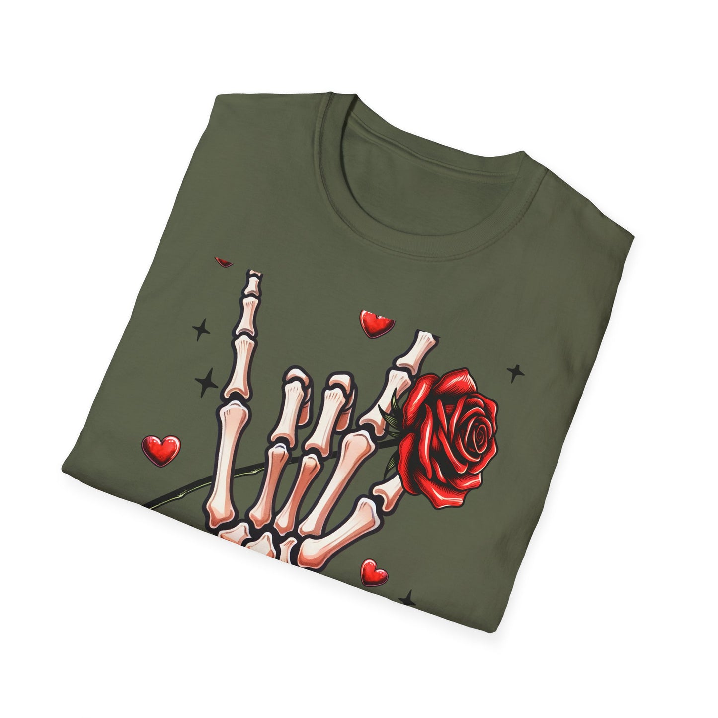 Unleash Your Dark Romance: 'Loved to Dead' Skeleton Rock Hand Rose T-Shirt | Edgy Gothic Valentine's Gift