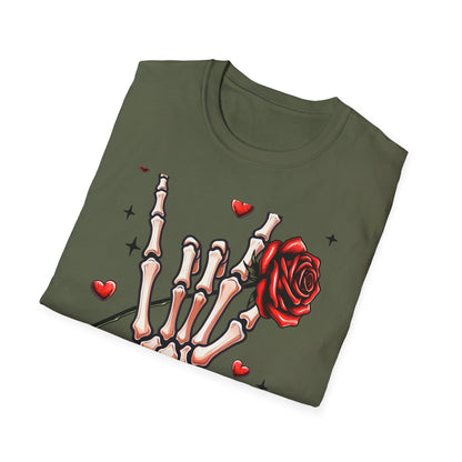 Unleash Your Dark Romance: 'Loved to Dead' Skeleton Rock Hand Rose T-Shirt | Edgy Gothic Valentine's Gift