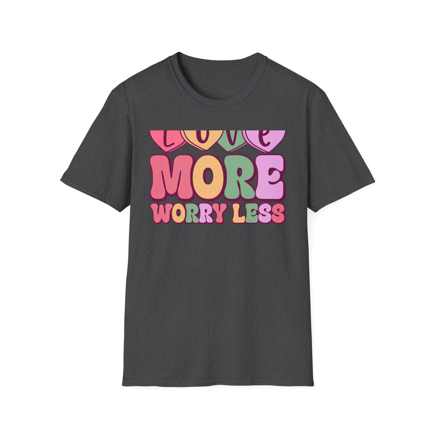 Retro Love More Worry Less T-Shirt - Groovy Candy Hearts & Positive Message Tee for Women & Teens | Inspiring Vibes