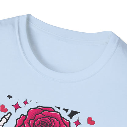 Spooky Sweet Valentine's T-Shirt: Skeleton Hands Holding Pink Rose & Heart - Unique Gothic Love Tee Gift