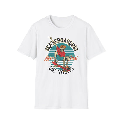 Cool Vintage Skeleton Skater T-Shirt | Live Fast Die Young Retro Skateboarding Graphic Tee for Extreme Fans