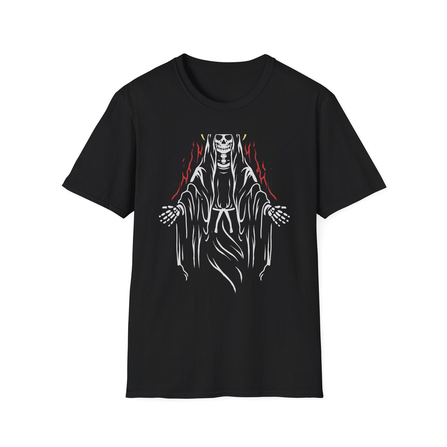 Mystic Skeleton Saint T-Shirt | Haunting Grim Reaper with Halo & Red Accents | Gothic & Alternative Apparel